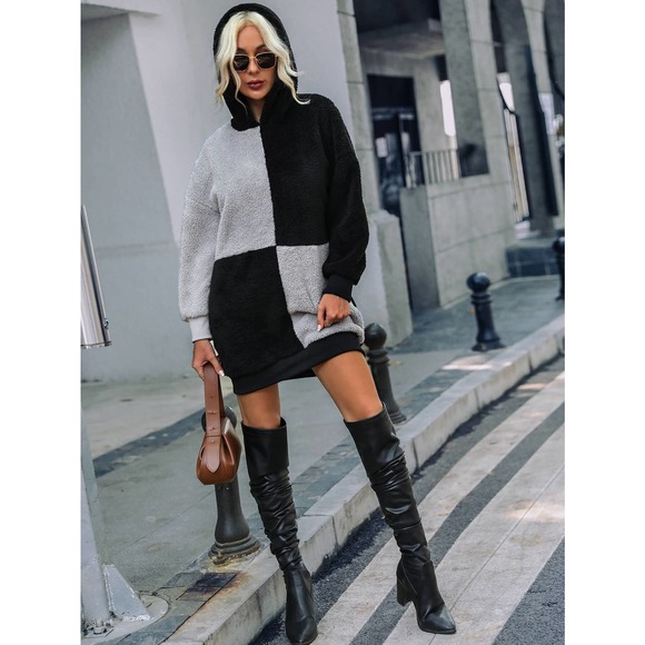 Color Block Teddy Hoodie Dress - Picture 4 of 4